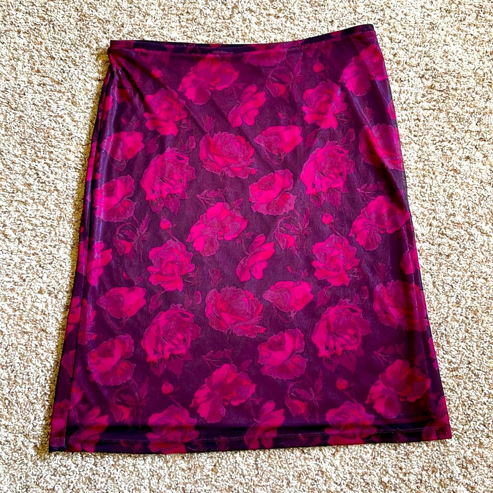 Express black & pink floral skirt with iridescent slip underneath
